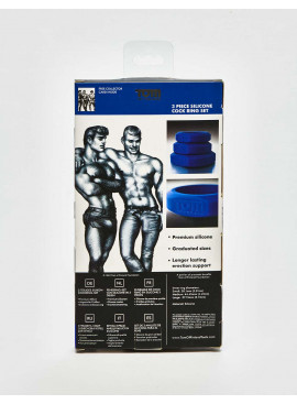 Set of 3 Blue Silicone Cock Ring from Tom of Finland back packaging