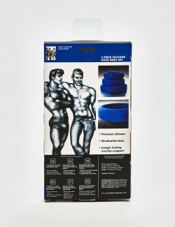 Set of 3 Blue Silicone Cock Ring from Tom of Finland back packaging