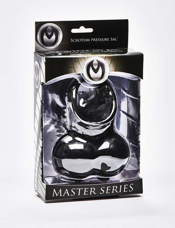 Black TPR Cock Ring Squeeze My Sack from Master Series packaging Black TPR Cock Ring Squeeze My Sack from Master Series packaging