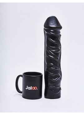 XL semi-realistic Dildo from All Black in 31cm compared to a mug