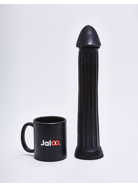 XL Dildo from All Black in 31cm compared to a mug