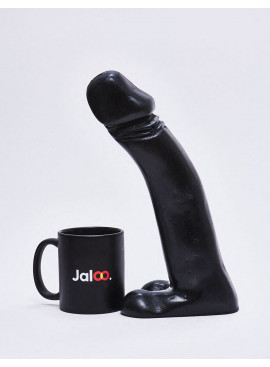 XL Dildo from All Black in 34cm compared to a mug