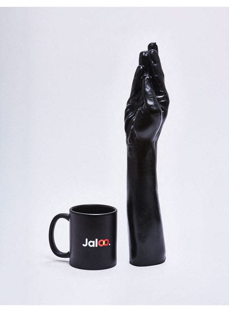 XL Dildo Fisting from All Black in 37cm compared to a mug