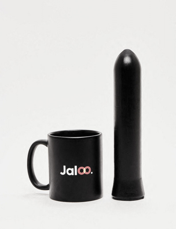 Suction Cup Dildo from All Black in 22cm compared to a mug