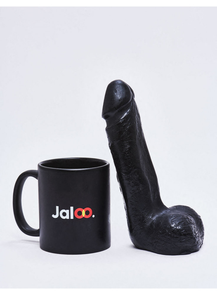 Realistic Dildo from All Black in 20cm compared to a mug